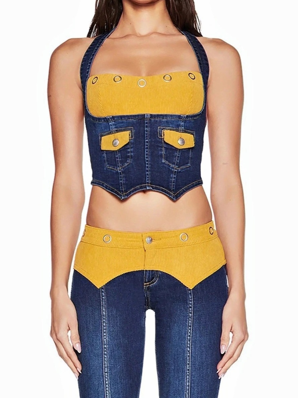 I.AM.GIA Tommie Corset Denim Halter Crop Top Blue & Yellow XXS